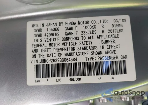 2008 Honda Accord 2.4 Lx из США, поврежденный, VIN JHMCP26398C064584